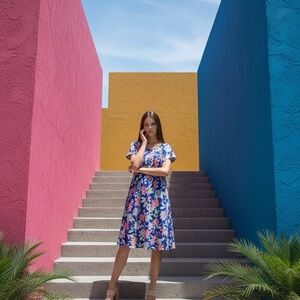 Blue and Orange Flutter Sleeve Midi Sundress